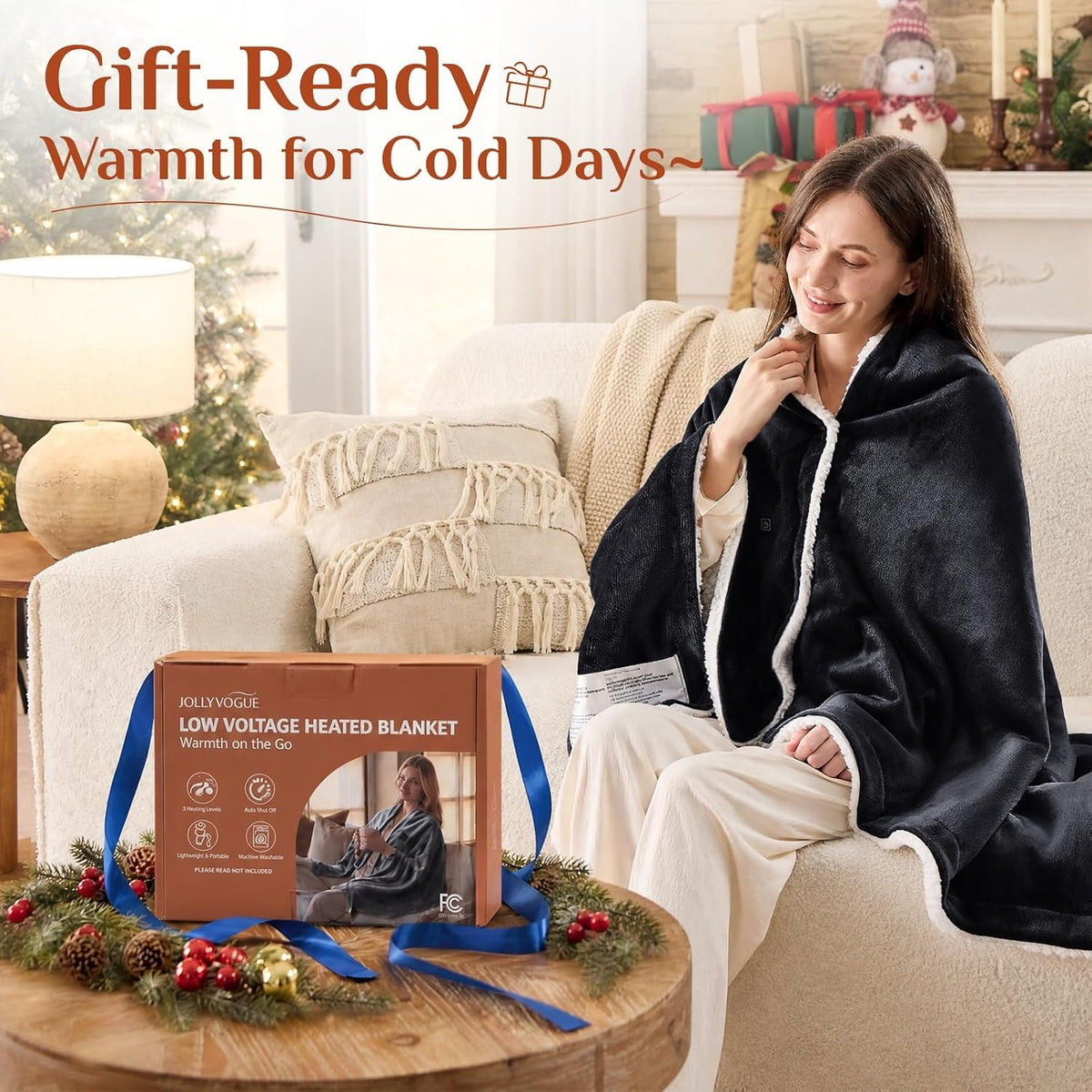 JOLLYVOGUE USB Heated Wearable Blanket with Snaps, 35 x 63 Inch, Black