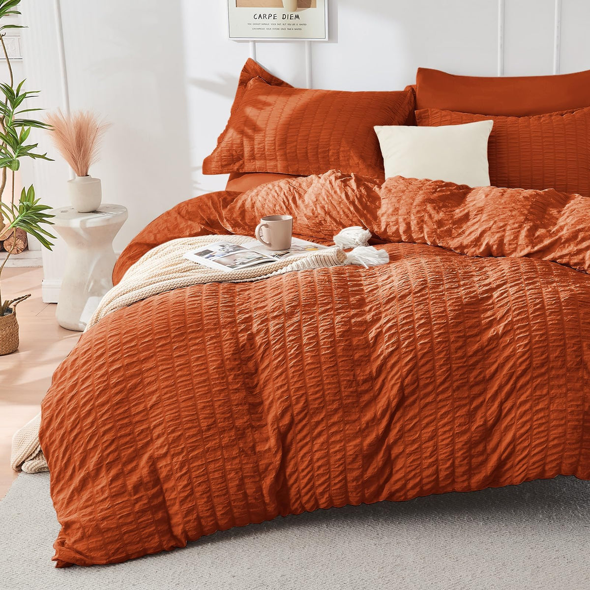 Duvet Cover Queen Size, Seersucker Bedding Set, 3 Pieces, Dark Grey