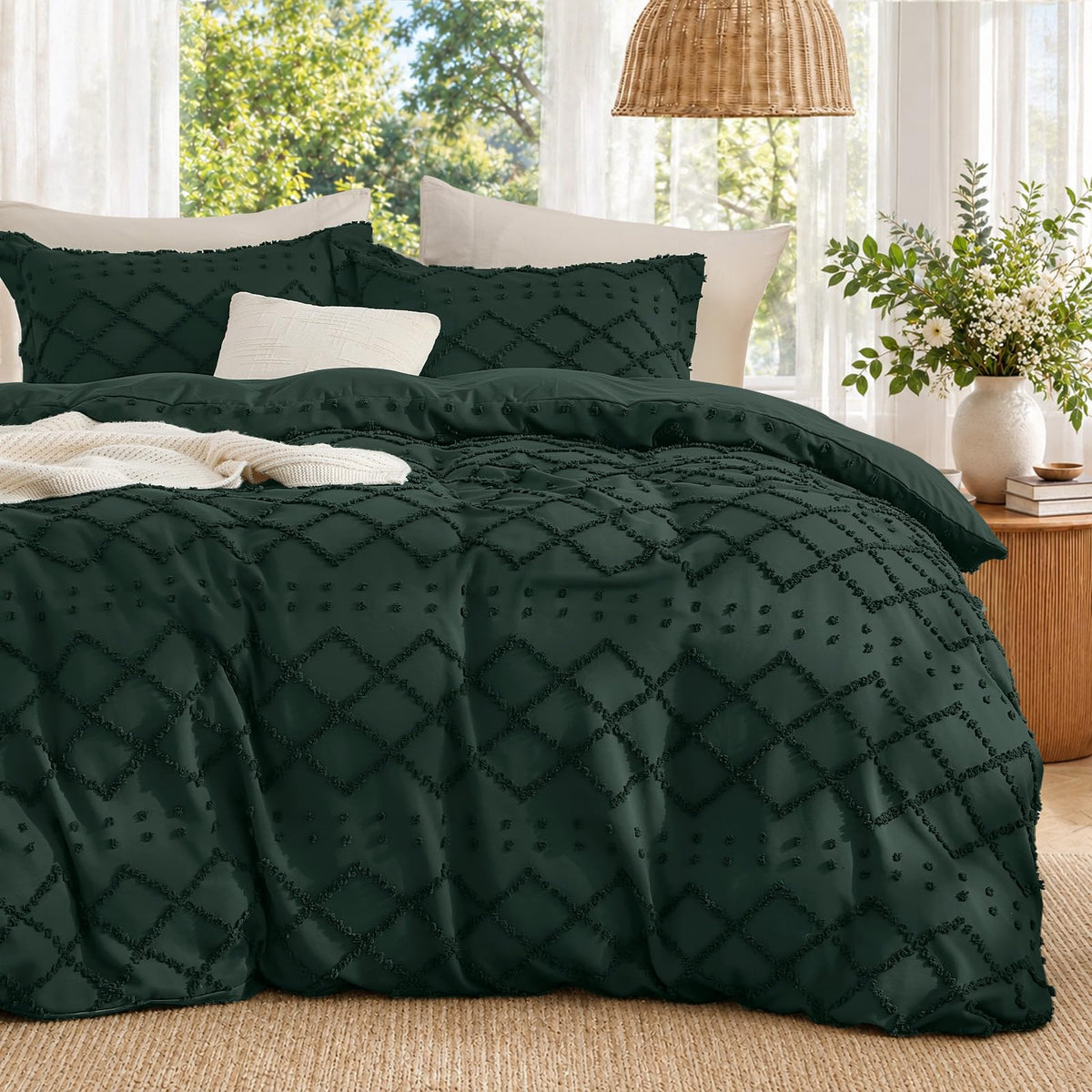 Boho Duvet Cover Set Queen Size, Tufted Embroidery Bedding, 3 PCS, Beige