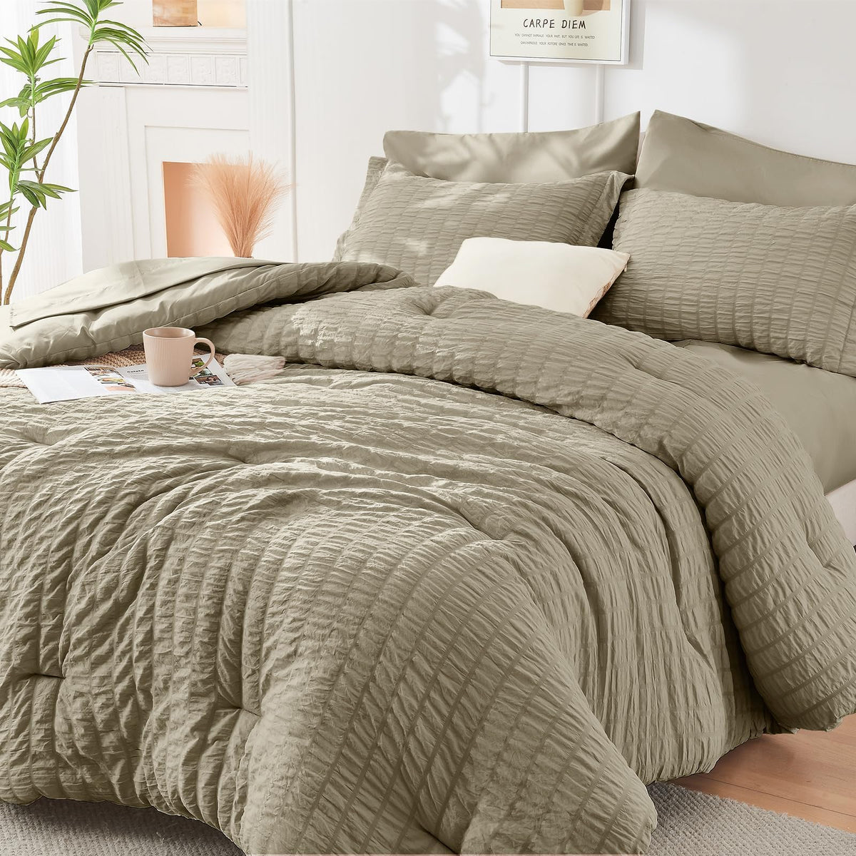 HYMOKEGE Full Size Comforter Sets Seersucker 7 Pieces, All Season Luxury Bed in a Bag for Bedroom, Bedding Set with Comforters, Sheets, Pillowcases & Shams, Dark Grey