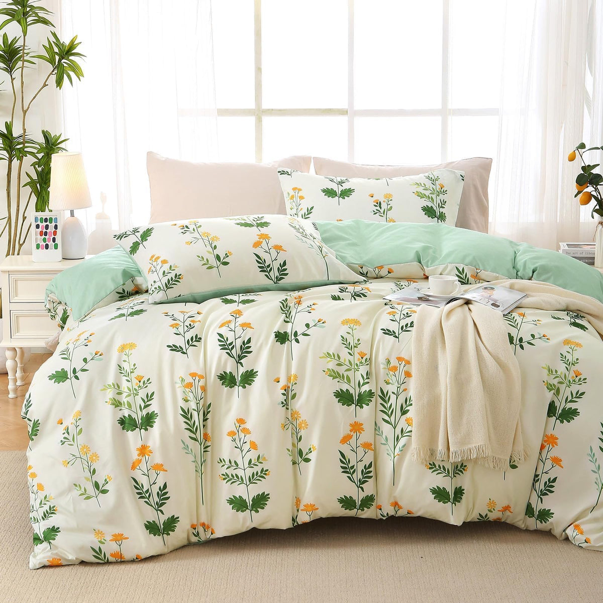 MUXHOMO Duvet Cover Twin/Twin XL Size, 2-Piece Beige Leaves Bedding Set