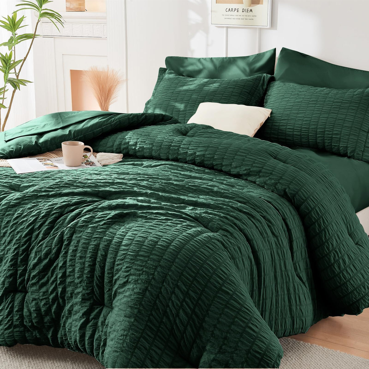 HYMOKEGE Full Size Comforter Sets Seersucker 7 Pieces, All Season Luxury Bed in a Bag for Bedroom, Bedding Set with Comforters, Sheets, Pillowcases & Shams, Dark Grey