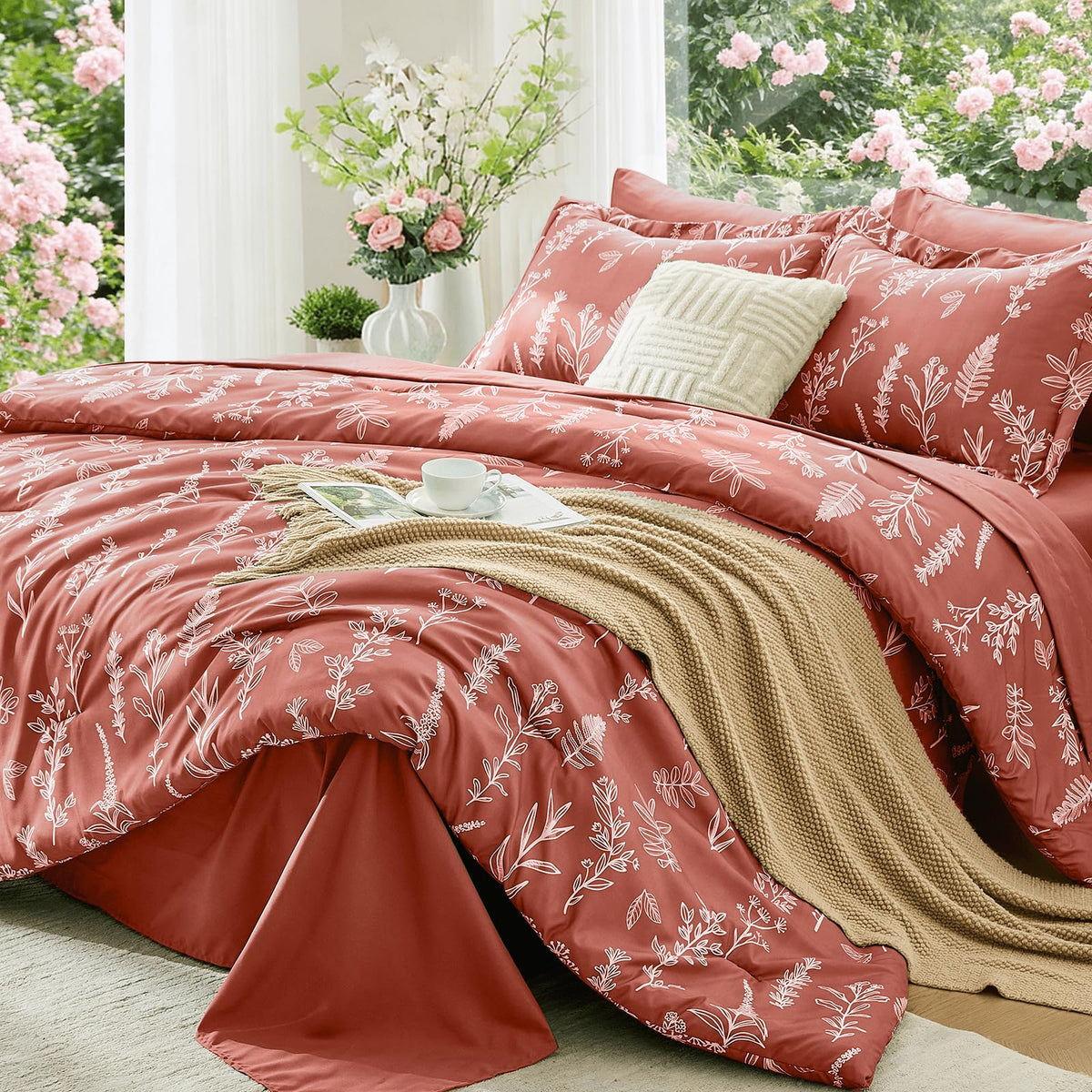 MUXHOMO Sage Green TwinXL Comforter Set, Elegant Floral Print Bed in a Bag 5 Pieces, Ultra Soft & Breathable Reversible Botanical Pattern Bedding Set with Comforter, Sheets, Pillowcase, and Sham