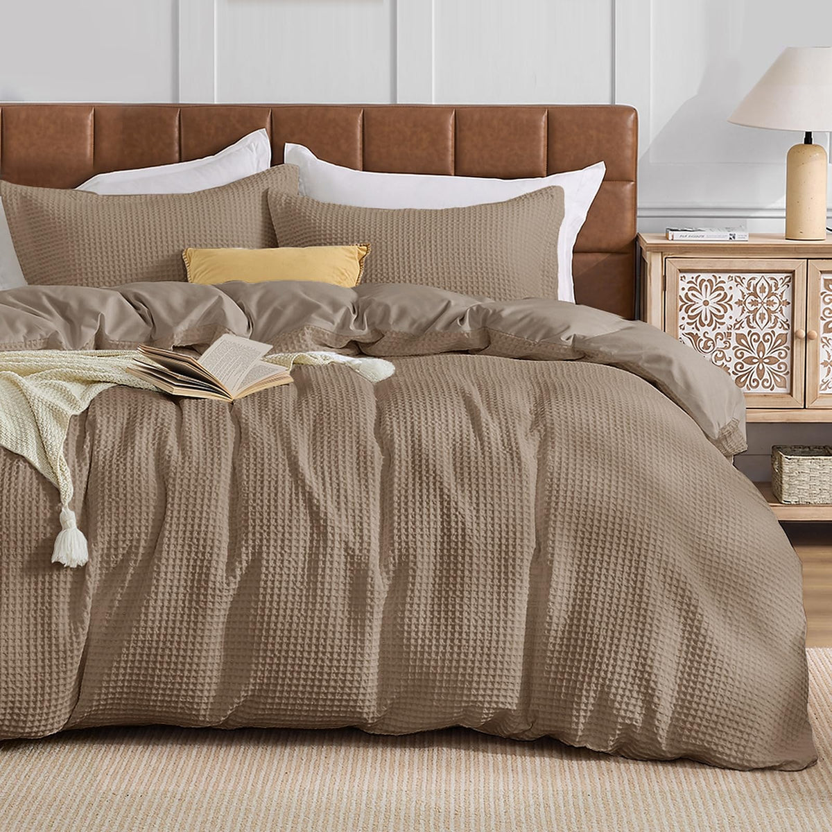 JOLLYVOGUE Waffle Wave Duvet Cover Set Queen Size, 3-Piece, Beige