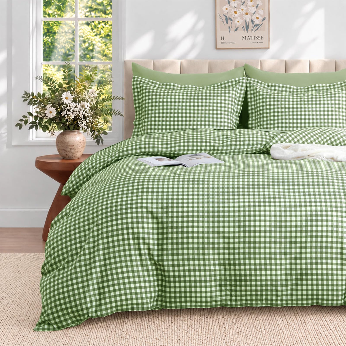 JOLLYVOGUE Brown Queen Comforter Set, 7 Pieces Gingham Bed in a Bag
