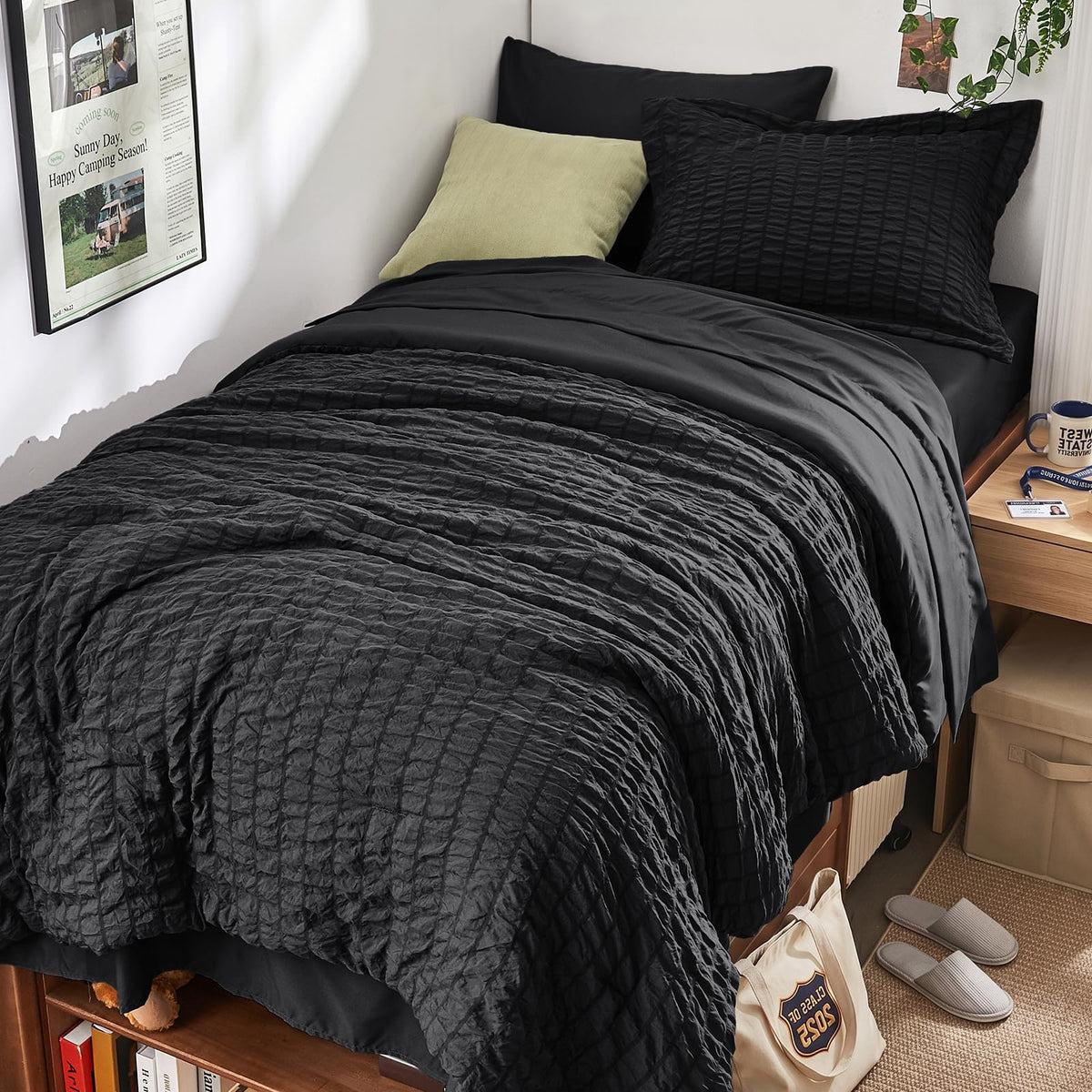 HYMOKEGE Full Size Comforter Sets Seersucker 7 Pieces, All Season Luxury Bed in a Bag for Bedroom, Bedding Set with Comforters, Sheets, Pillowcases & Shams, Dark Grey