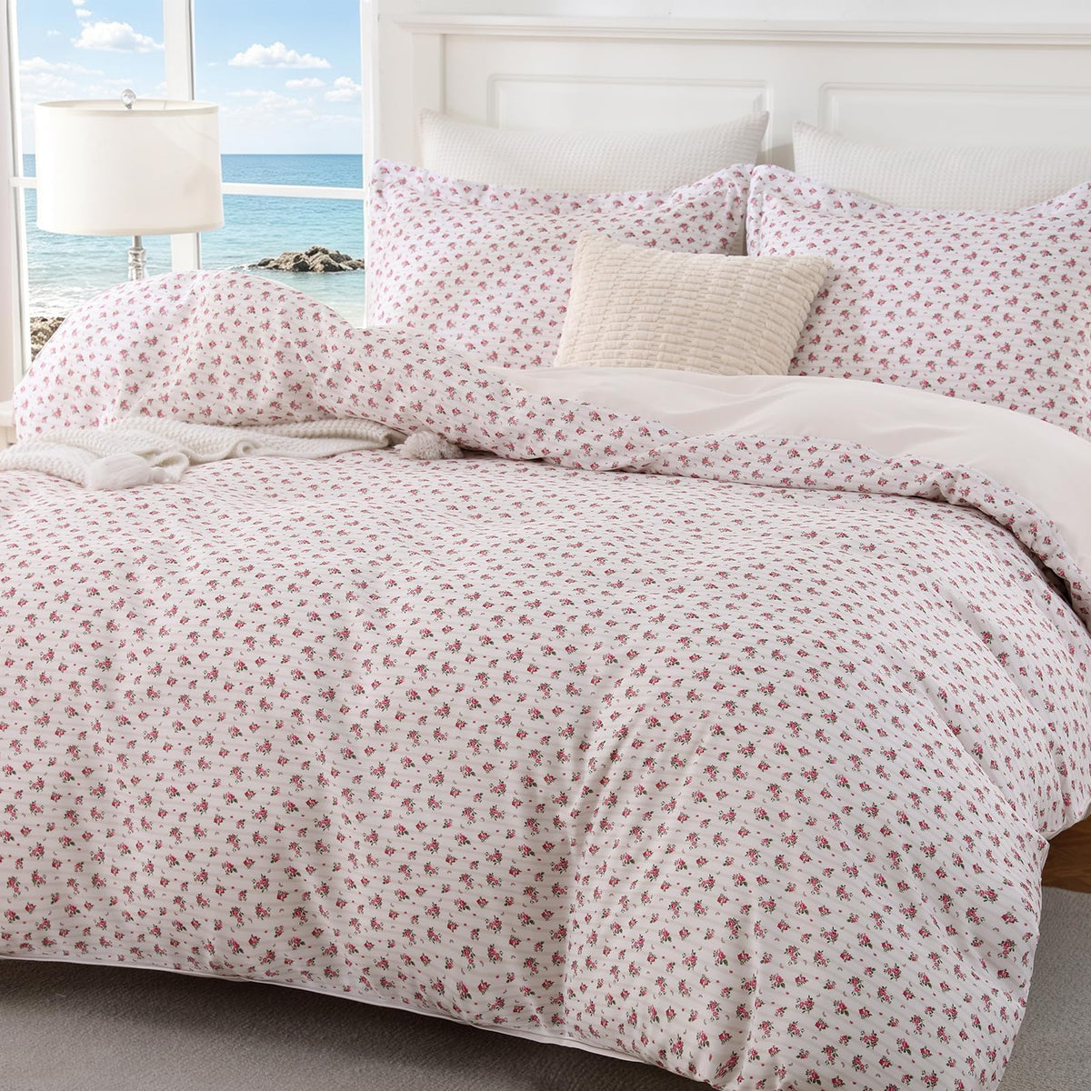 JOLLYVOGUE Floral Duvet Cover Full, 3Pcs Reversible Beige Duvet Cover Set