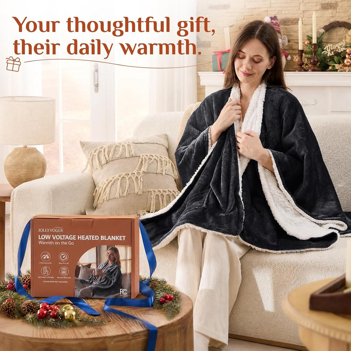 JOLLYVOGUE USB Heated Wearable Blanket Shawl, 55 x 60 Inch, Black