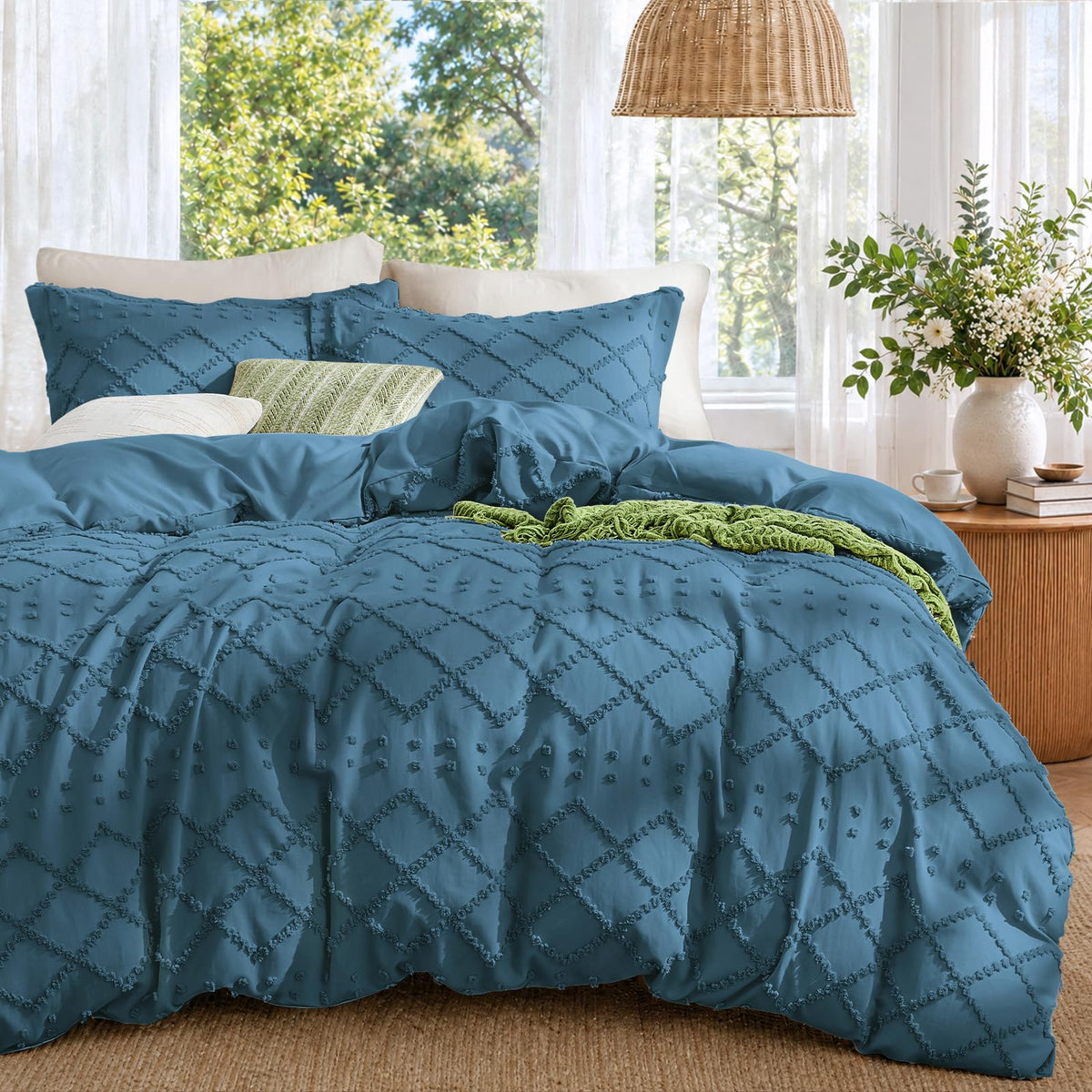 Boho Duvet Cover Set Queen Size, Tufted Embroidery Bedding, 3 PCS, Beige