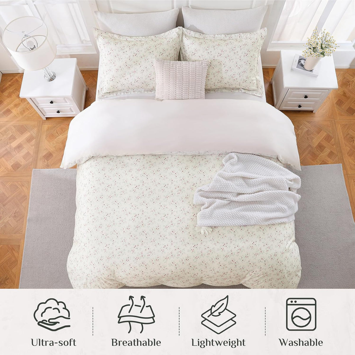 JOLLYVOGUE Floral Duvet Cover Full, 3Pcs Reversible Beige Duvet Cover Set