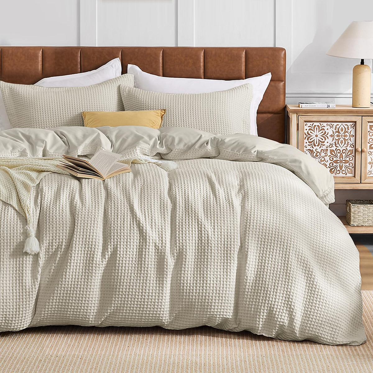 JOLLYVOGUE Waffle Wave Duvet Cover Set Queen Size, 3-Piece, Beige