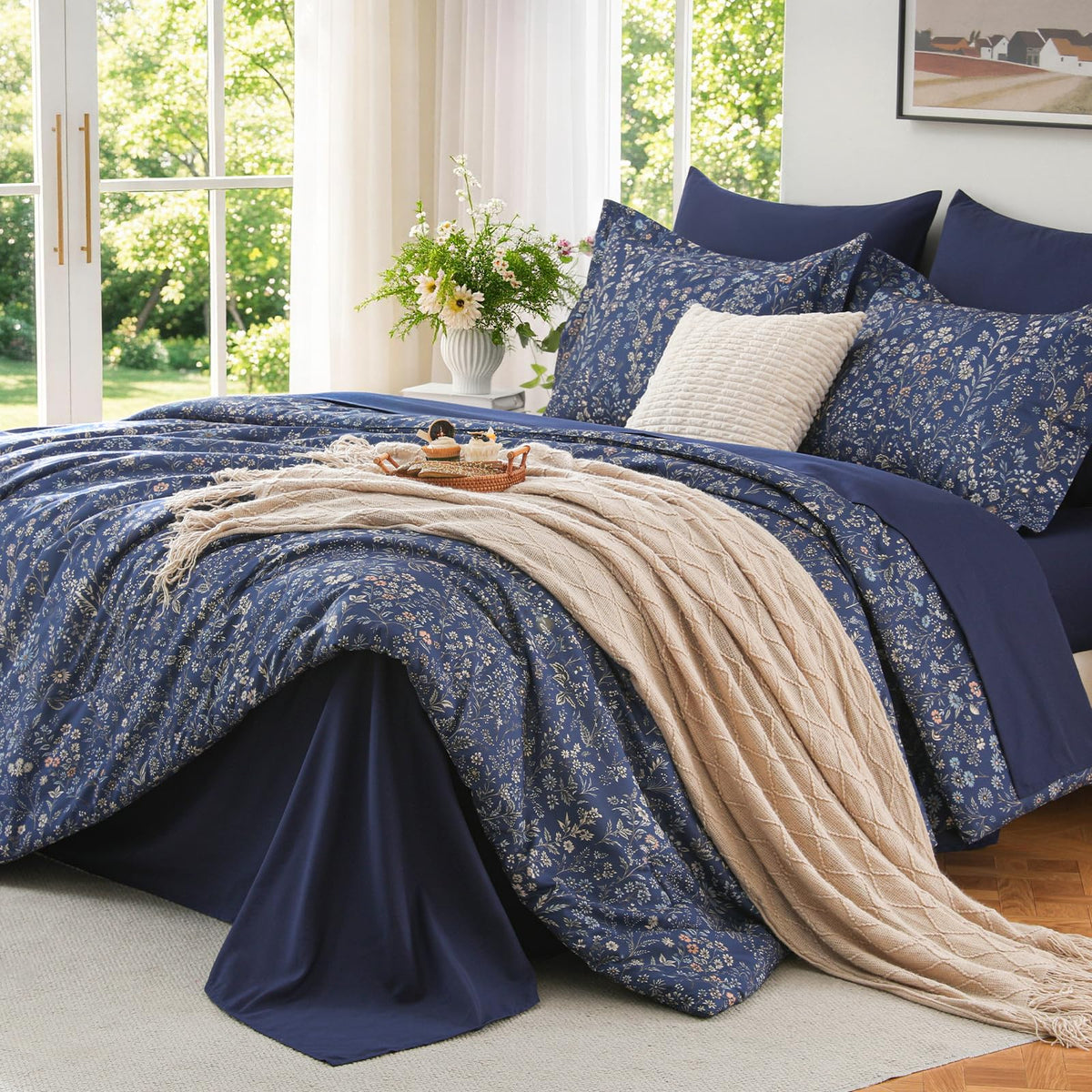 MUXHOMO Twin XL Comforter Set, 7-Piece Floral Bed in a Bag, Sage Green