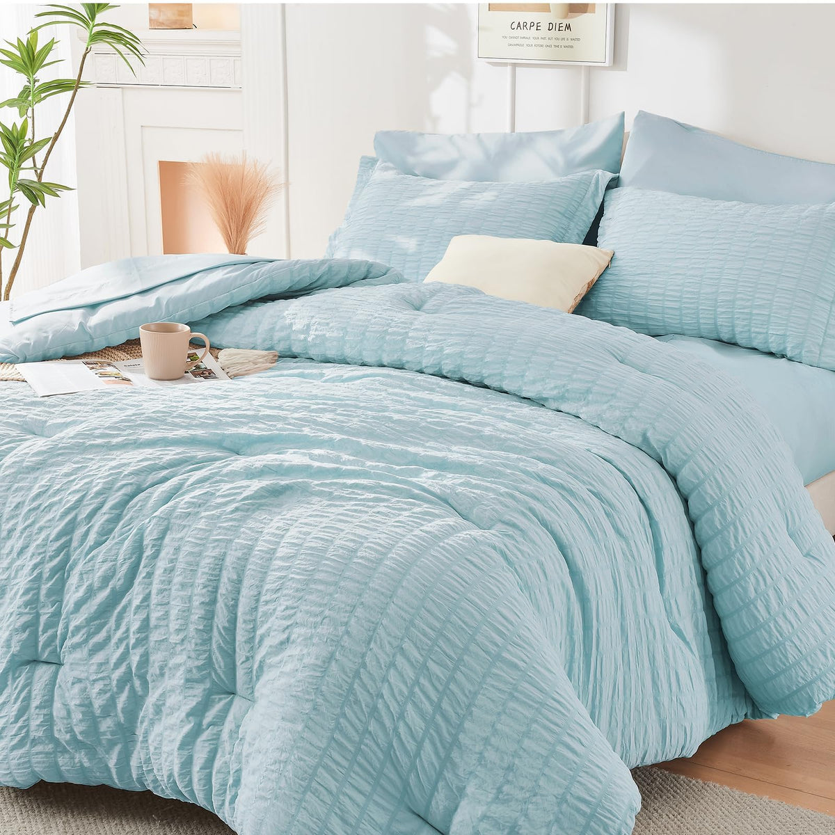 HYMOKEGE Full Size Comforter Sets Seersucker 7 Pieces, All Season Luxury Bed in a Bag for Bedroom, Bedding Set with Comforters, Sheets, Pillowcases & Shams, Dark Grey