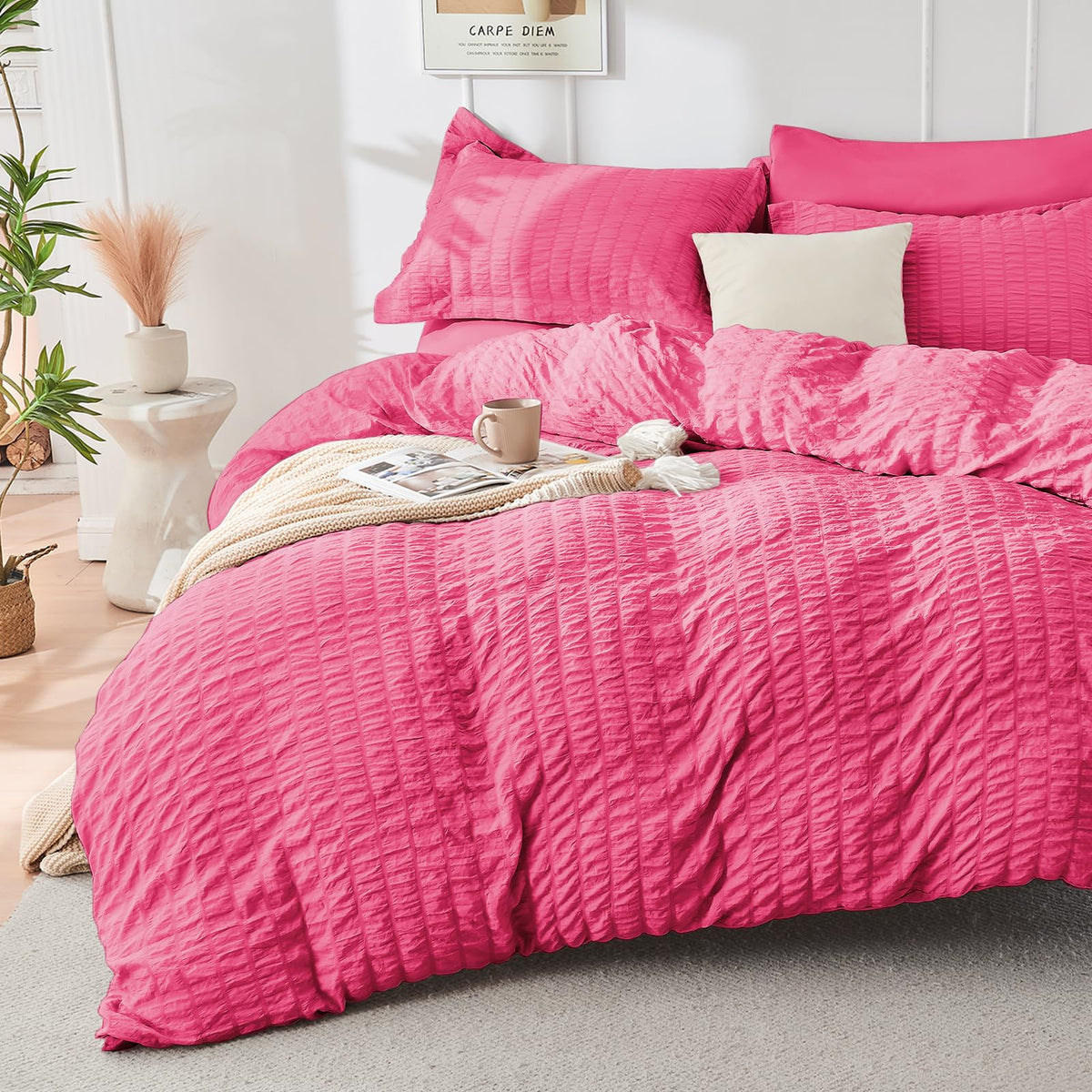 Duvet Cover Queen Size, Seersucker Bedding Set, 3 Pieces, Dark Grey
