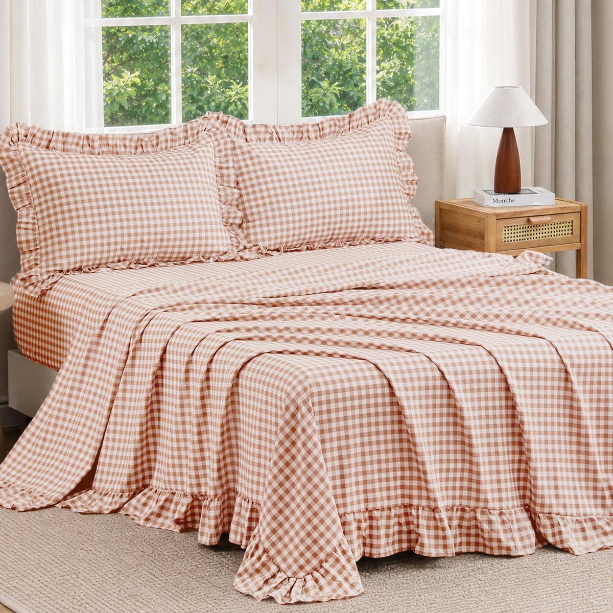JOLLYVOGUE Beige Gingham Sheet Set Full, 4-Piece Ruffle Bedding