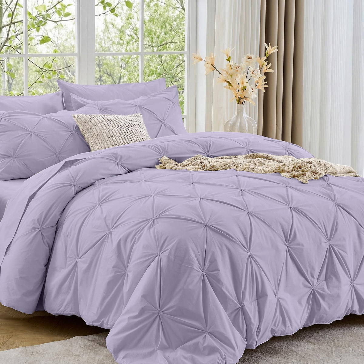 Sasttie Twin Comforter Set, 5-Piece Bed in a Bag, Pintuck Bedding Sets for All Season, Includes Comforter, Flat Sheet, Fitted Sheet, Pillowcase and Pillowsham, Baby Pink