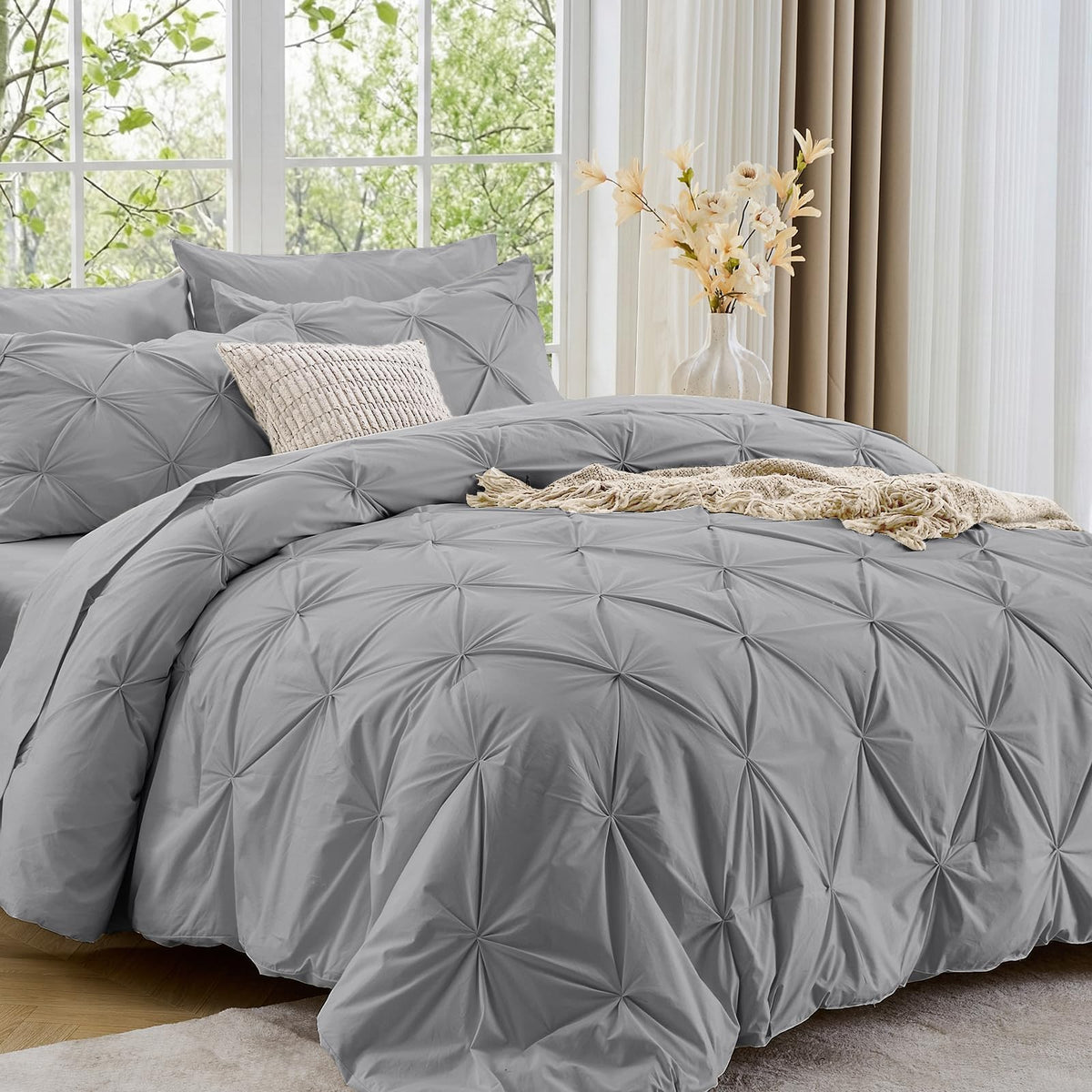 Sasttie Twin Comforter Set, 5-Piece Bed in a Bag, Pintuck Bedding Sets for All Season, Includes Comforter, Flat Sheet, Fitted Sheet, Pillowcase and Pillowsham, Baby Pink
