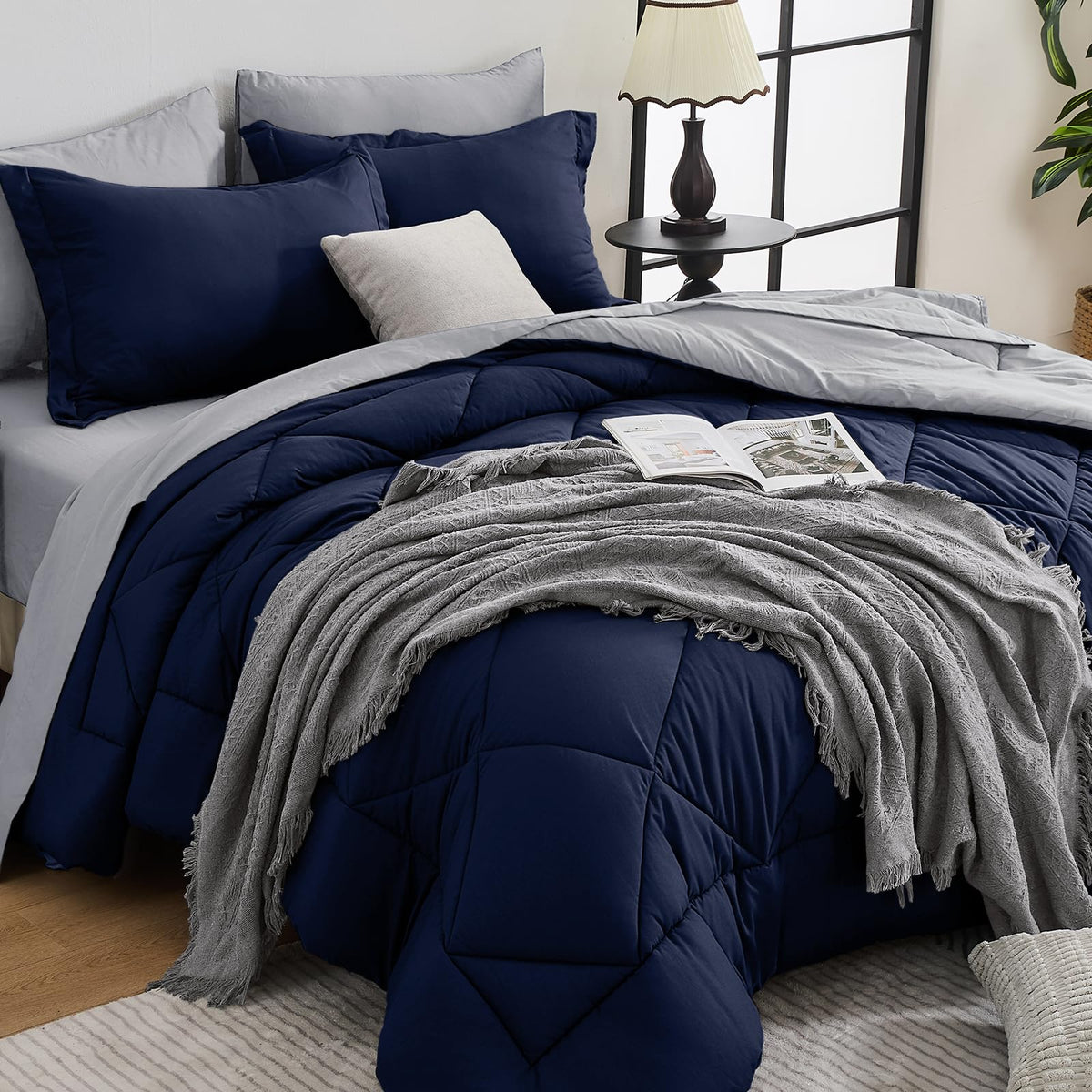 HEVUMYI 7-Piece Queen Comforter Set, Dark Grey Bed in a Bag