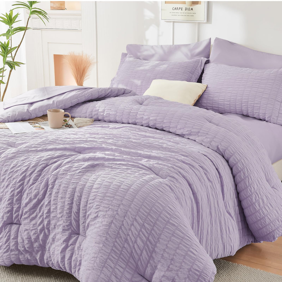 HYMOKEGE Full Size Comforter Sets Seersucker 7 Pieces, All Season Luxury Bed in a Bag for Bedroom, Bedding Set with Comforters, Sheets, Pillowcases & Shams, Dark Grey