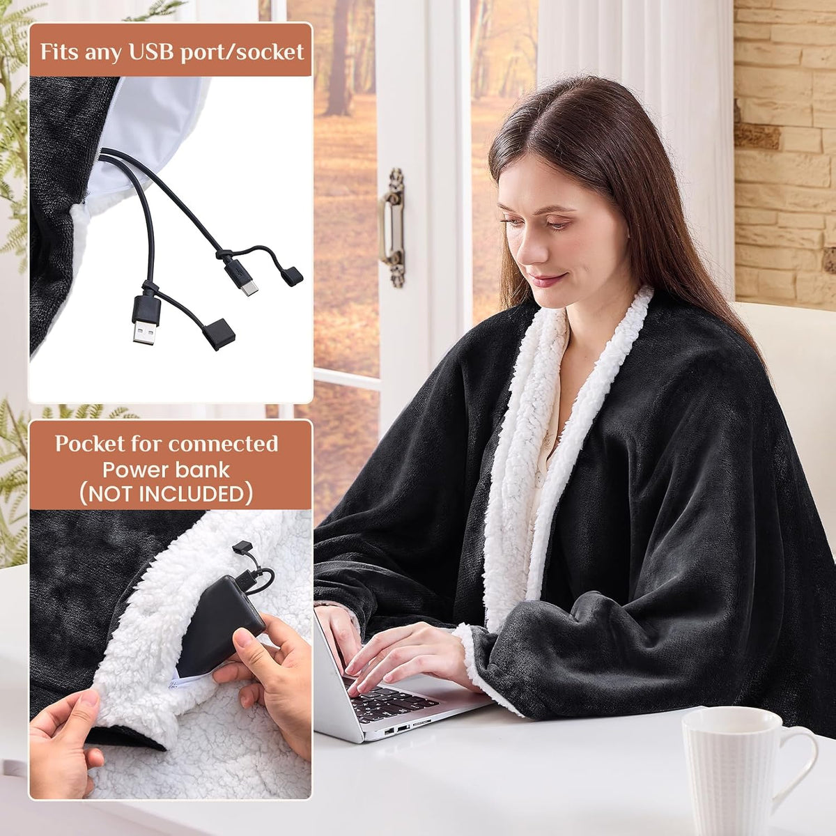 JOLLYVOGUE USB Heated Wearable Blanket Shawl, 55 x 60 Inch, Black