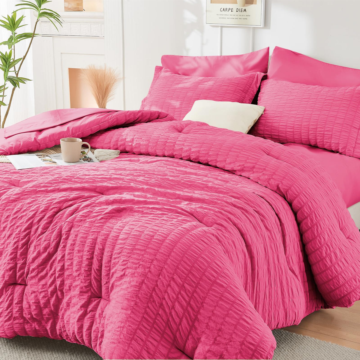 HYMOKEGE Full Size Comforter Sets Seersucker 7 Pieces, All Season Luxury Bed in a Bag for Bedroom, Bedding Set with Comforters, Sheets, Pillowcases & Shams, Dark Grey
