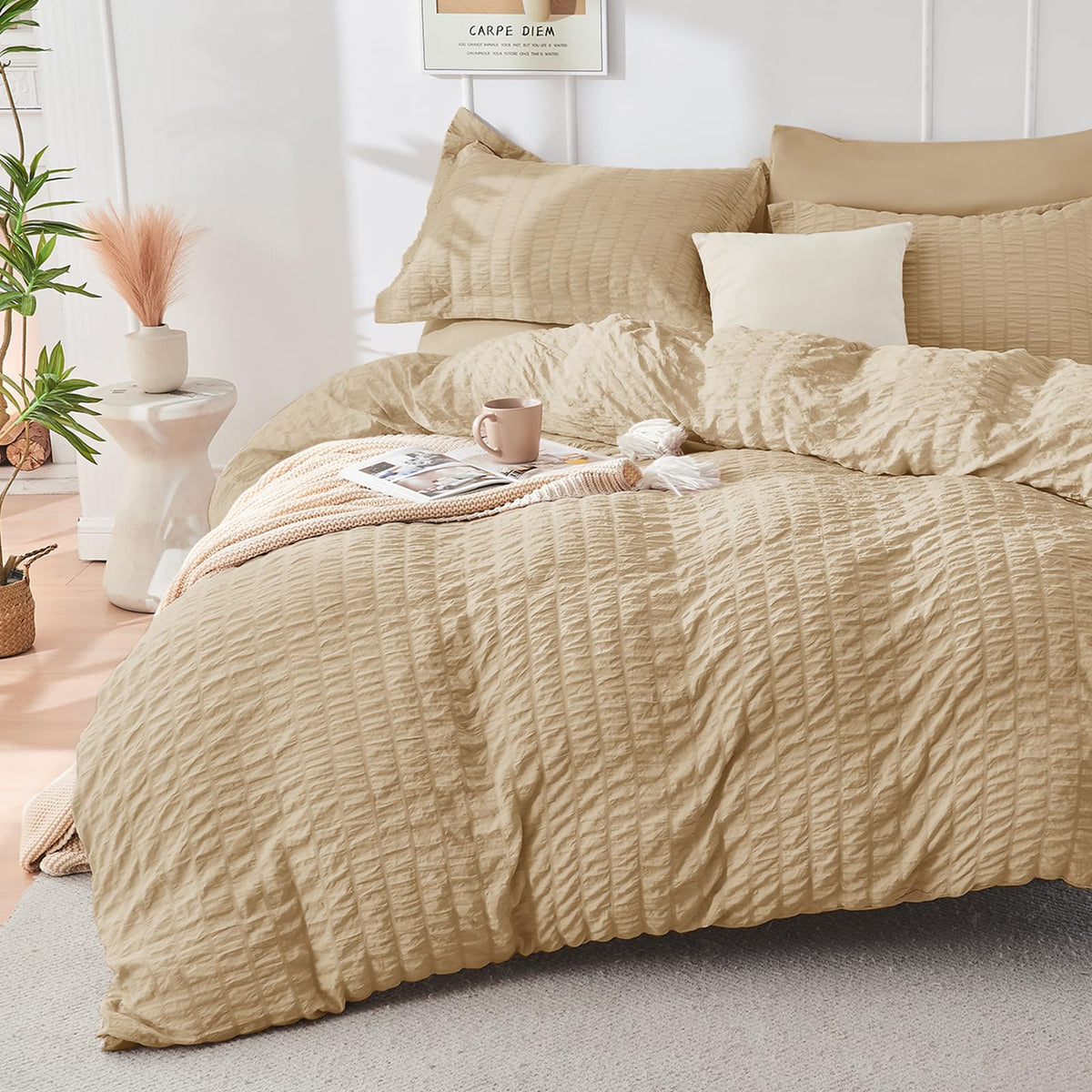 Duvet Cover Queen Size, Seersucker Bedding Set, 3 Pieces, Dark Grey