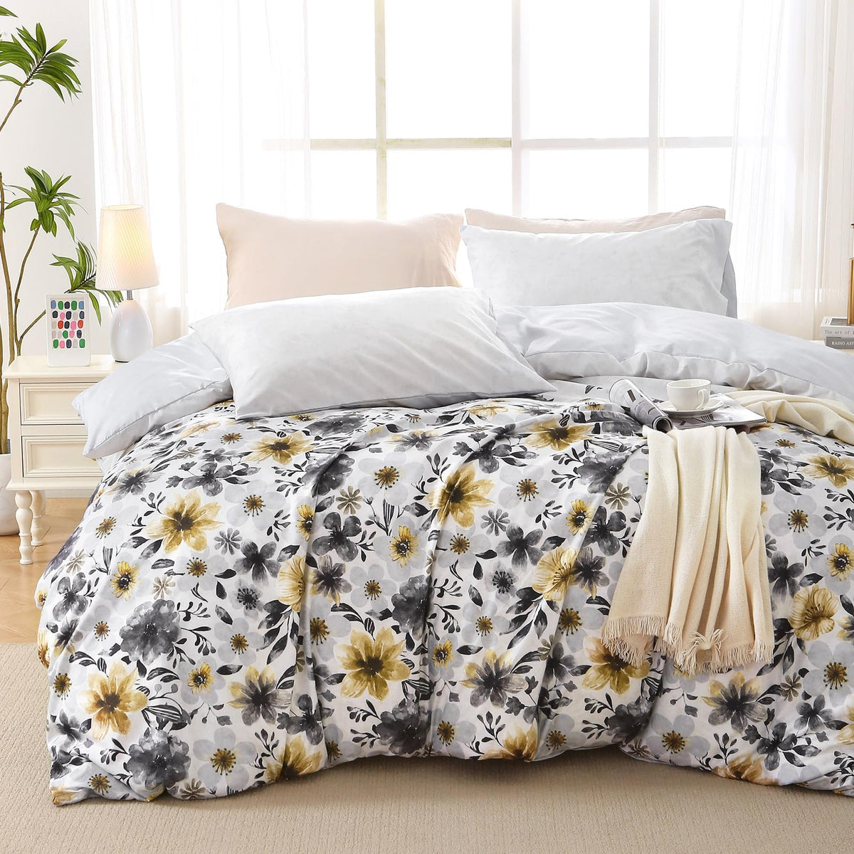 MUXHOMO Duvet Cover Twin/Twin XL Size, 2-Piece Beige Leaves Bedding Set