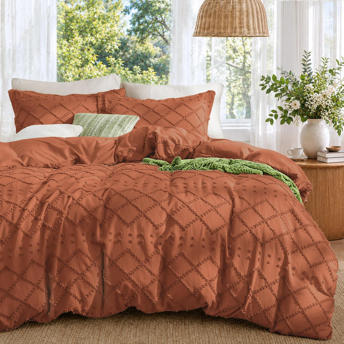 Boho Duvet Cover Set Queen Size, Tufted Embroidery Bedding, 3 PCS, Beige
