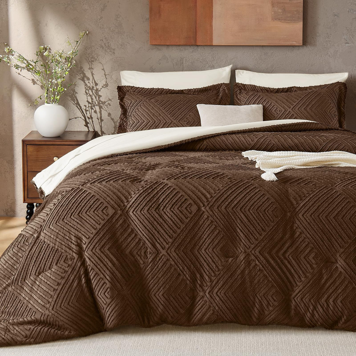 JOLLYVOGUE Queen Comforter Set 7-Piece, Boho Tufted Bed in a Bag, Beige