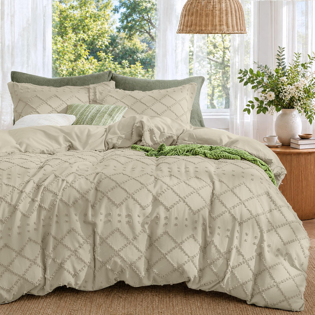 Boho Duvet Cover Set Queen Size, Tufted Embroidery Bedding, 3 PCS, Beige