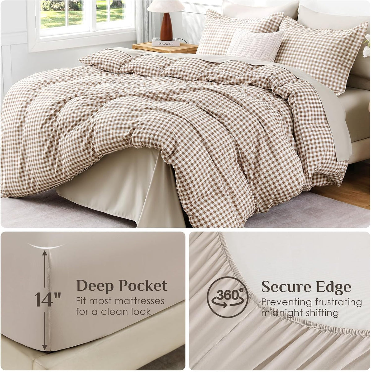 JOLLYVOGUE Brown Queen Comforter Set, 7 Pieces Gingham Bed in a Bag