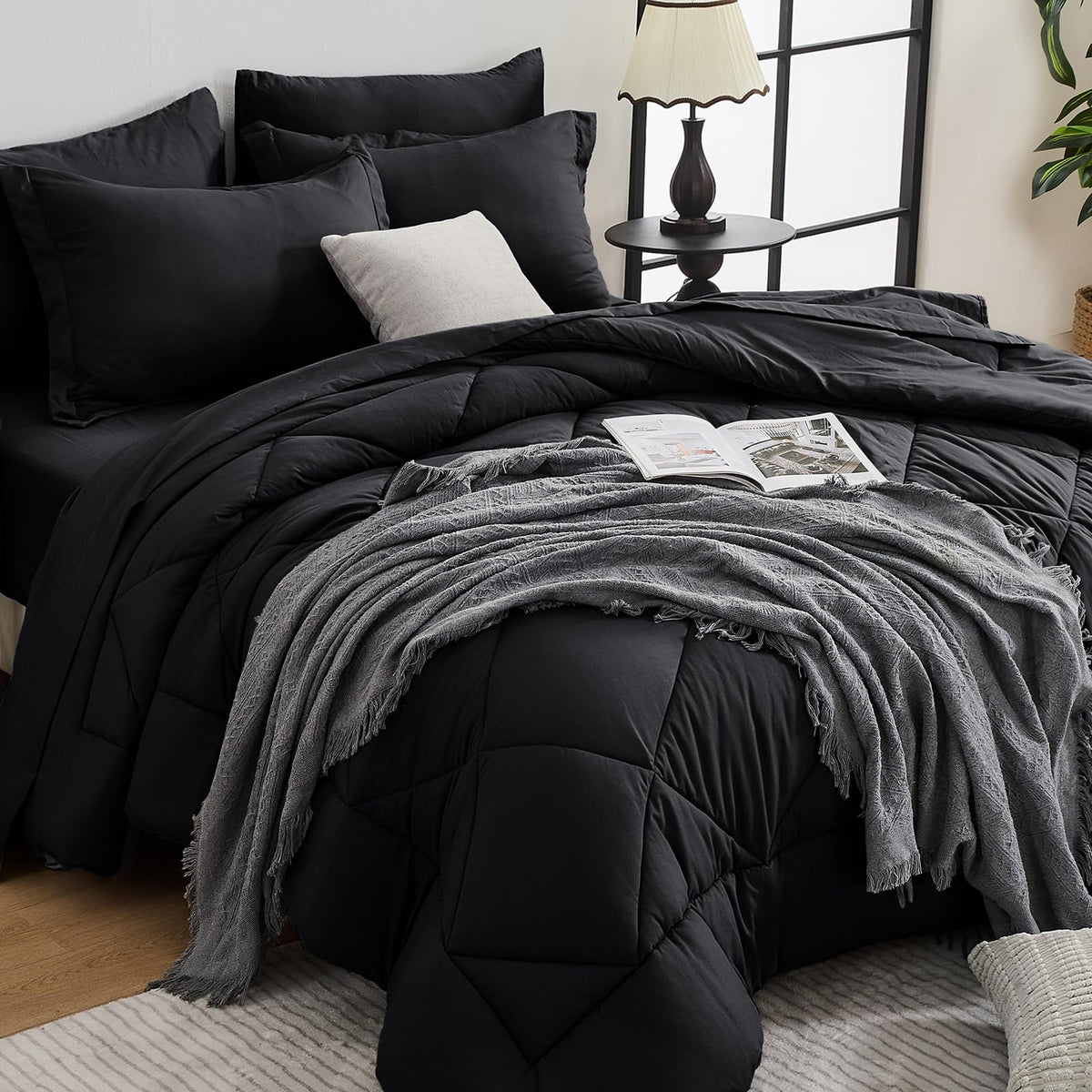 HEVUMYI 7-Piece Queen Comforter Set, Dark Grey Bed in a Bag
