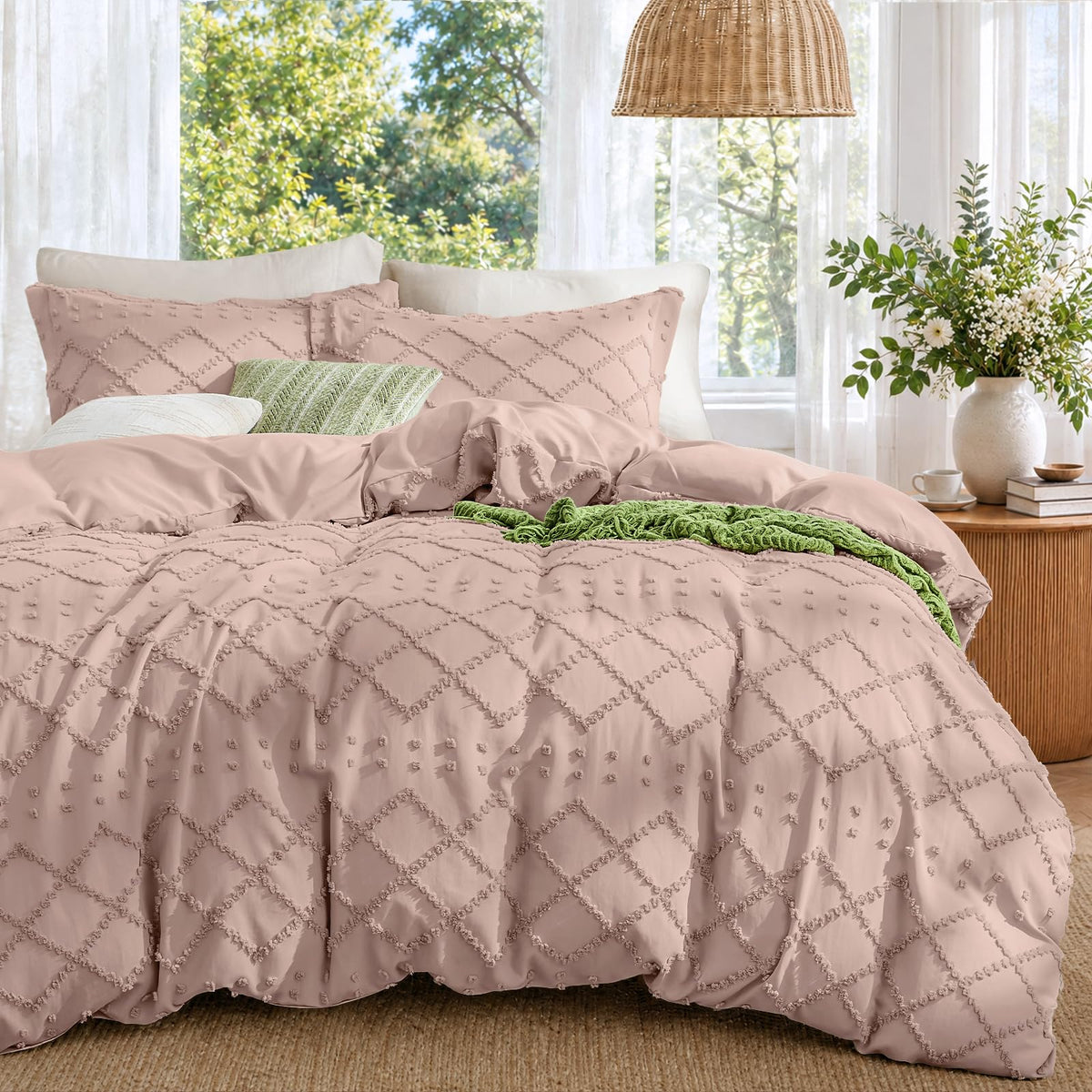 Boho Duvet Cover Set Queen Size, Tufted Embroidery Bedding, 3 PCS, Beige