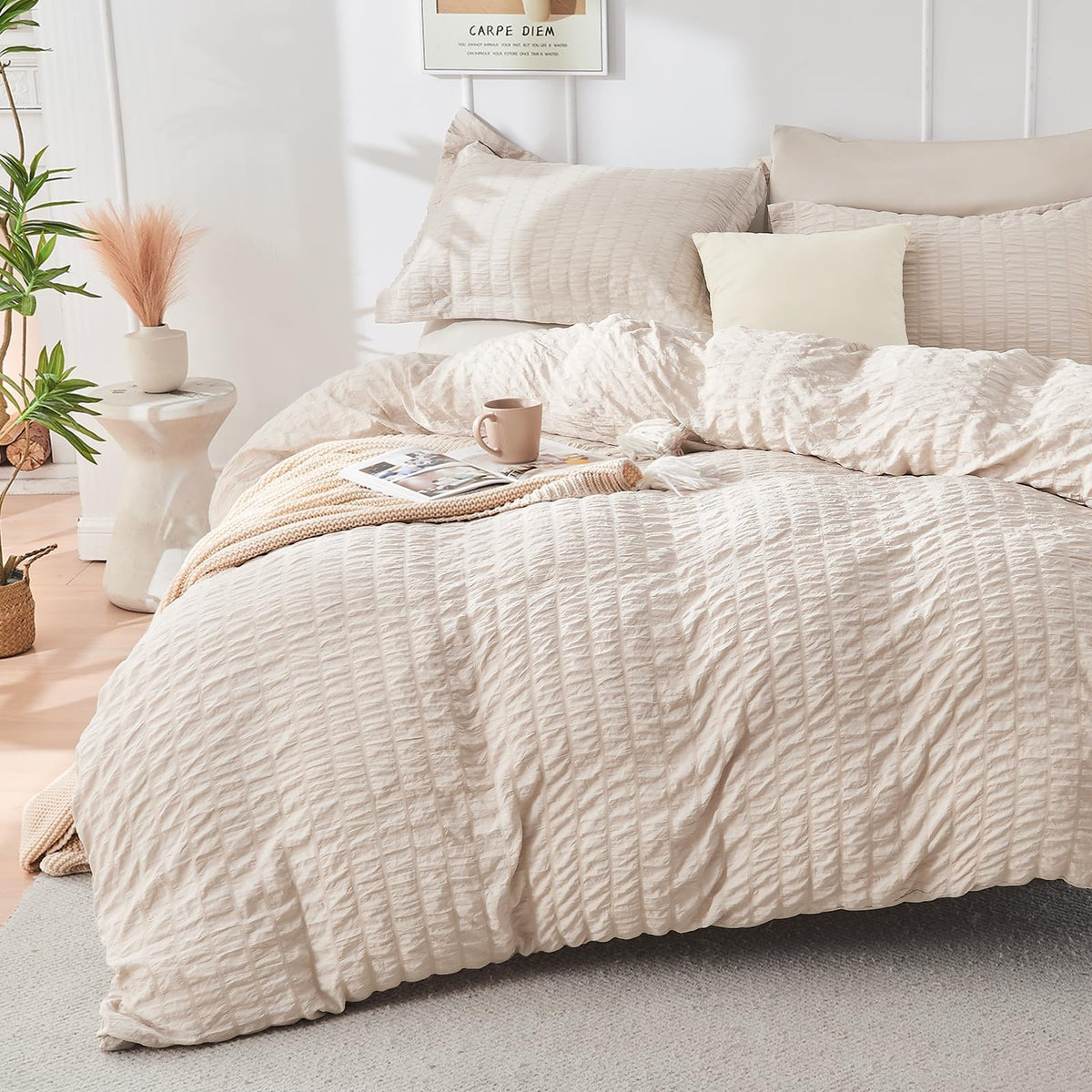 Duvet Cover Queen Size, Seersucker Bedding Set, 3 Pieces, Dark Grey