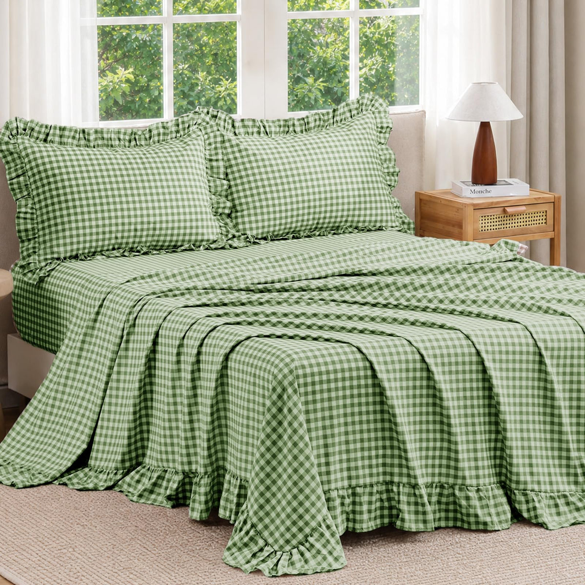 JOLLYVOGUE Beige Gingham Sheet Set Full, 4-Piece Ruffle Bedding