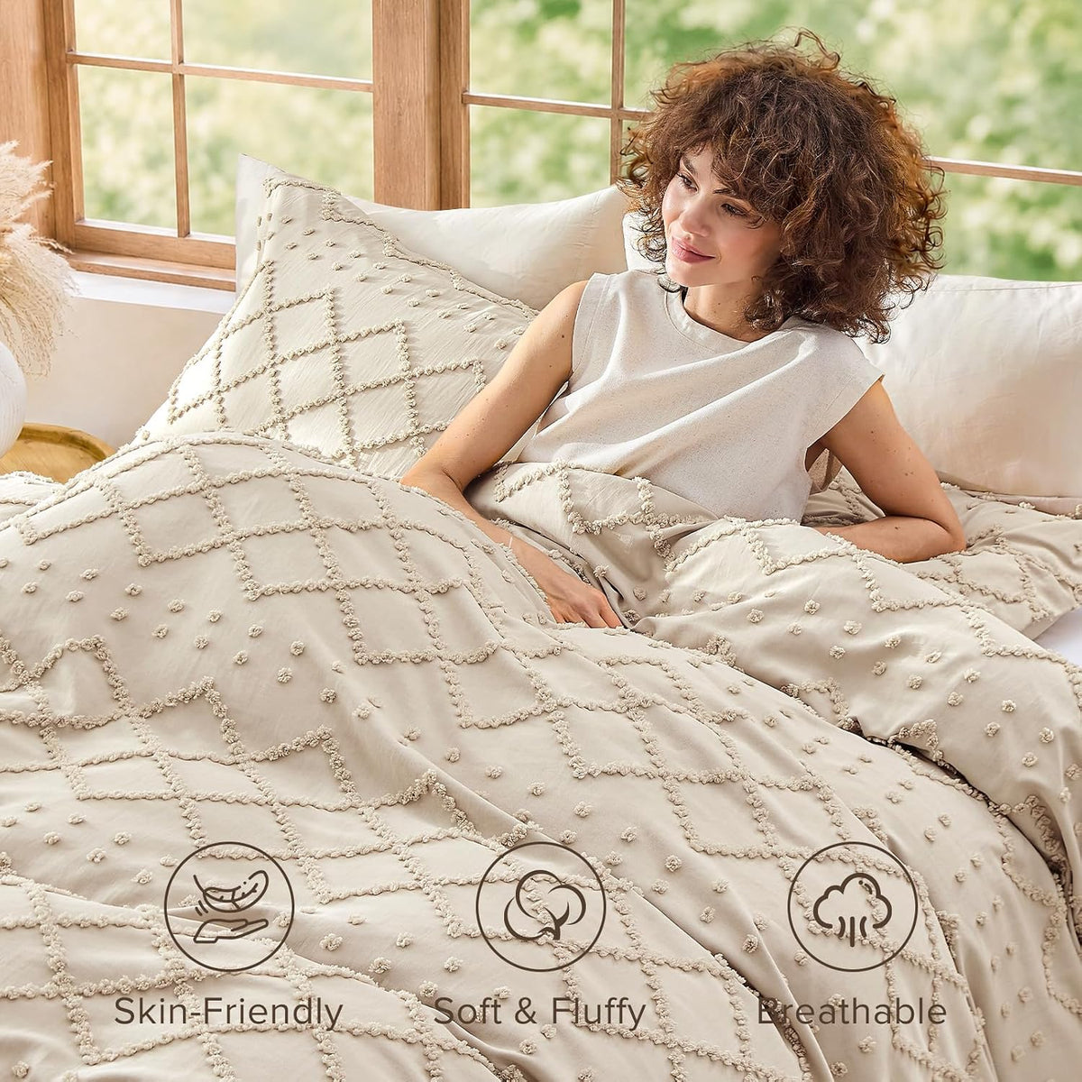 Boho Duvet Cover Set Queen Size, Tufted Embroidery Bedding, 3 PCS, Beige