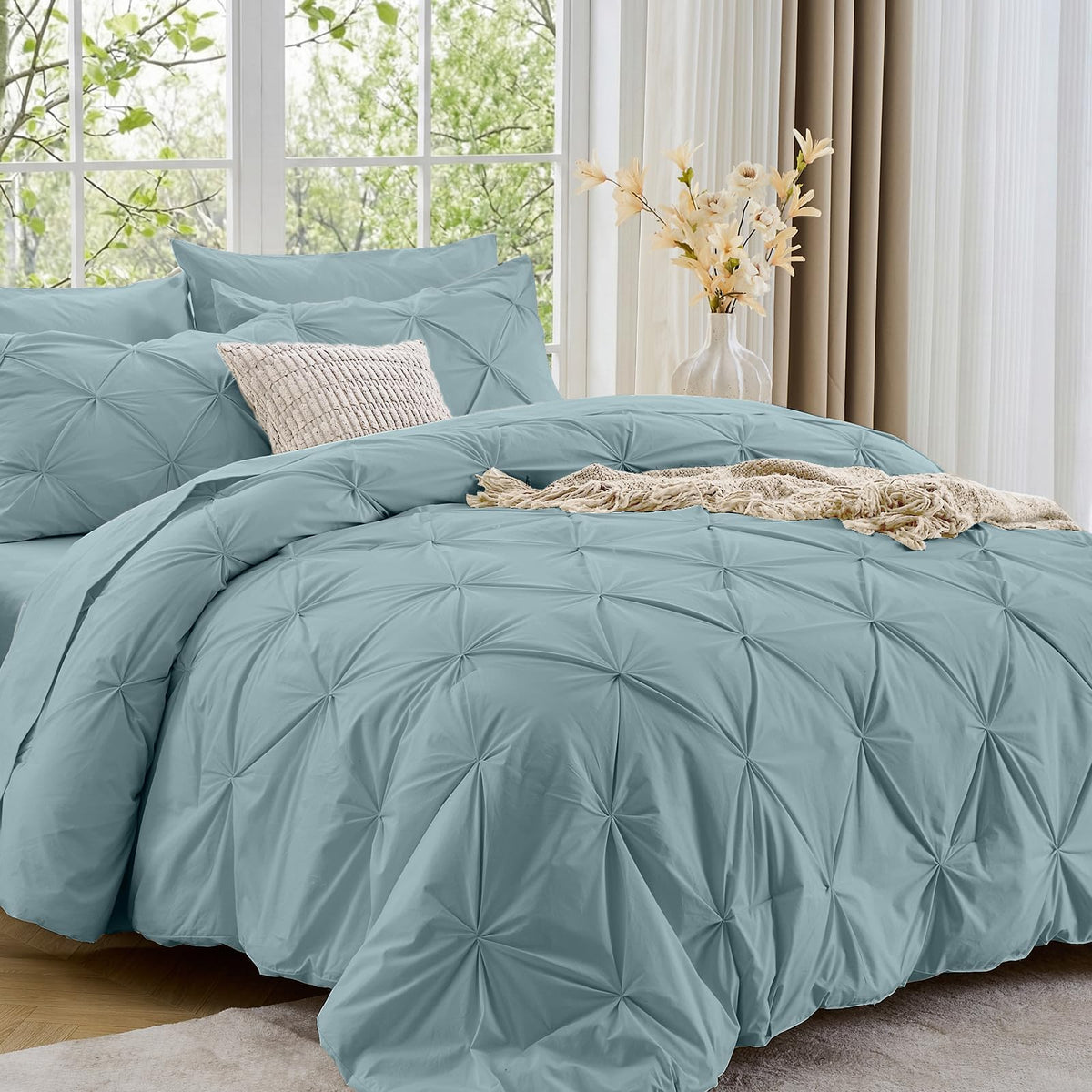 Sasttie Twin Comforter Set, 5-Piece Bed in a Bag, Pintuck Bedding Sets for All Season, Includes Comforter, Flat Sheet, Fitted Sheet, Pillowcase and Pillowsham, Baby Pink