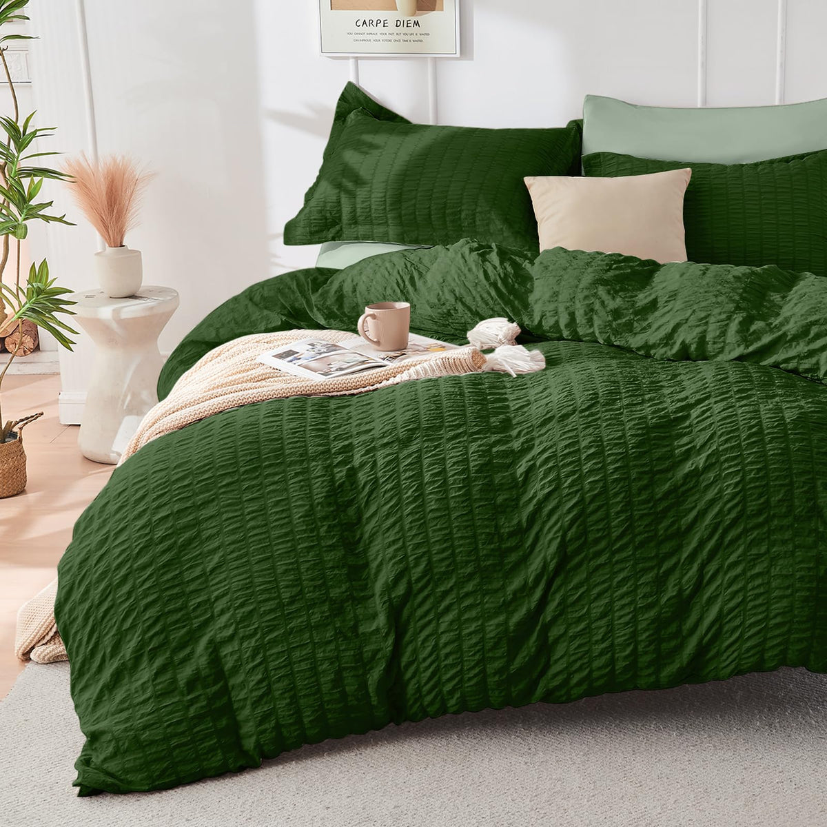 Duvet Cover Queen Size, Seersucker Bedding Set, 3 Pieces, Dark Grey