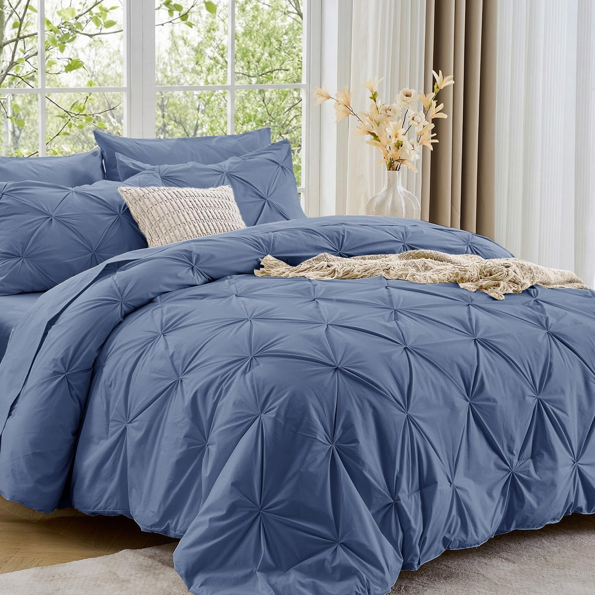 Sasttie Twin Comforter Set, 5-Piece Bed in a Bag, Pintuck Bedding Sets for All Season, Includes Comforter, Flat Sheet, Fitted Sheet, Pillowcase and Pillowsham, Baby Pink