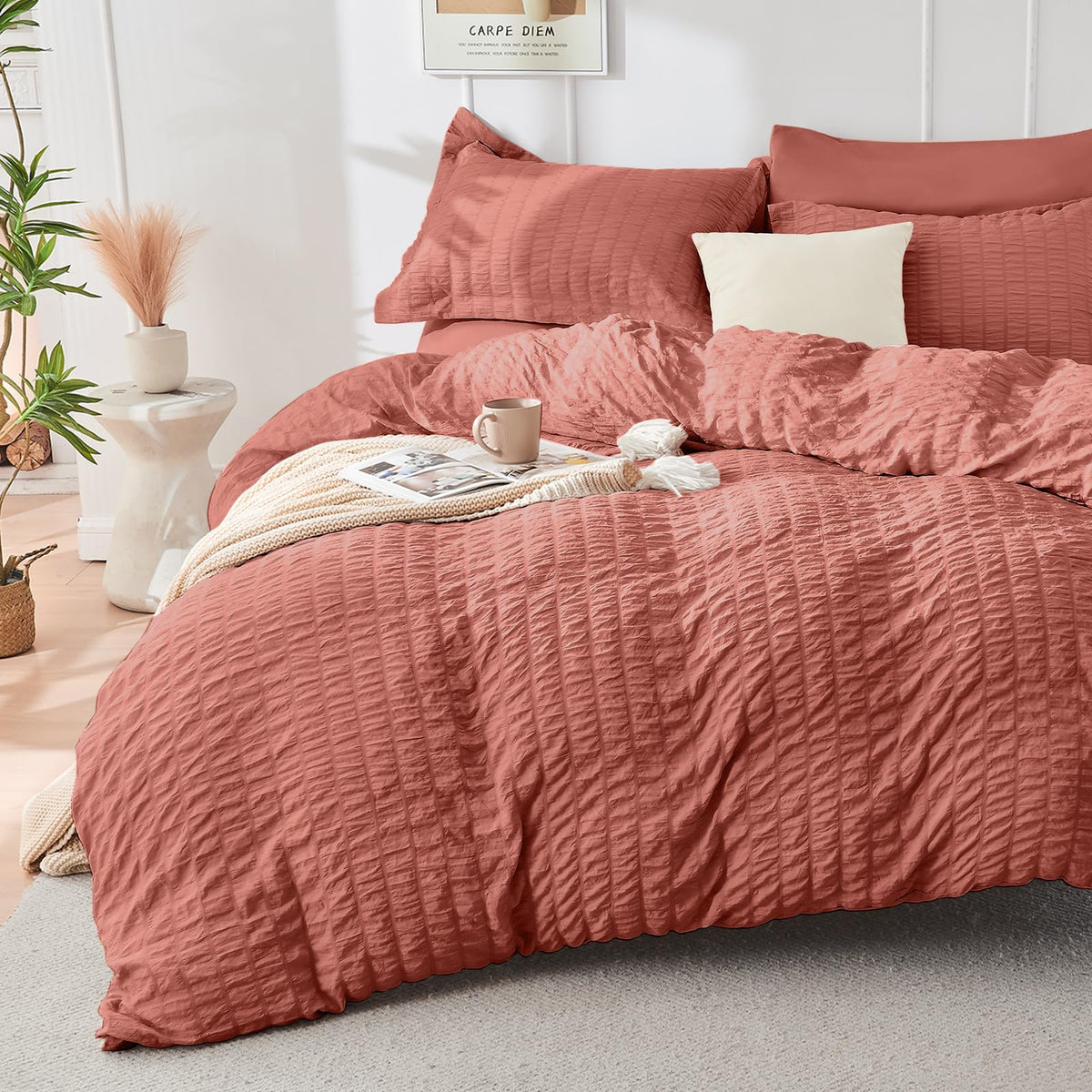 Duvet Cover Queen Size, Seersucker Bedding Set, 3 Pieces, Dark Grey