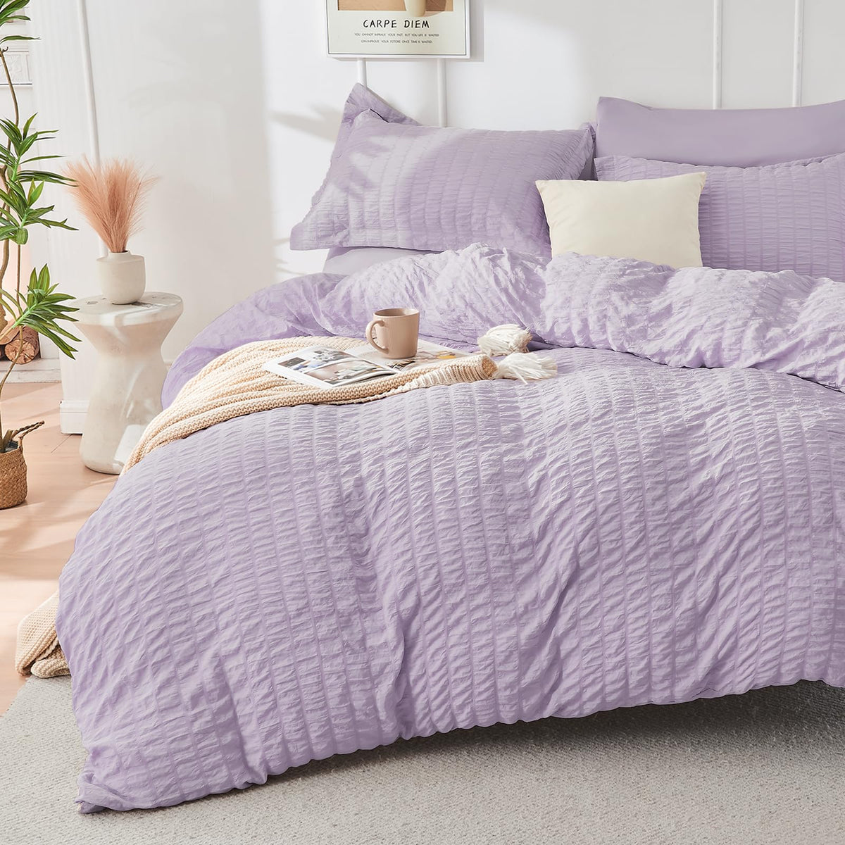 Duvet Cover Queen Size, Seersucker Bedding Set, 3 Pieces, Dark Grey