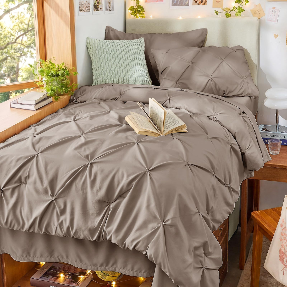Sasttie Twin Comforter Set, 5-Piece Bed in a Bag, Pintuck Bedding Sets for All Season, Includes Comforter, Flat Sheet, Fitted Sheet, Pillowcase and Pillowsham, Baby Pink
