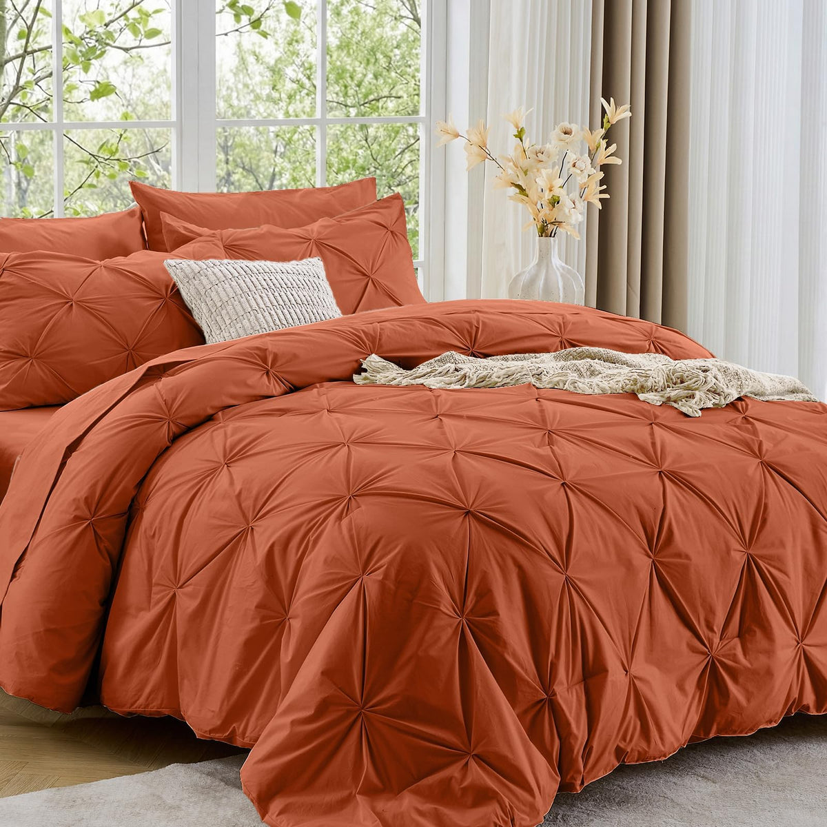 Sasttie Twin Comforter Set, 5-Piece Bed in a Bag, Pintuck Bedding Sets for All Season, Includes Comforter, Flat Sheet, Fitted Sheet, Pillowcase and Pillowsham, Baby Pink