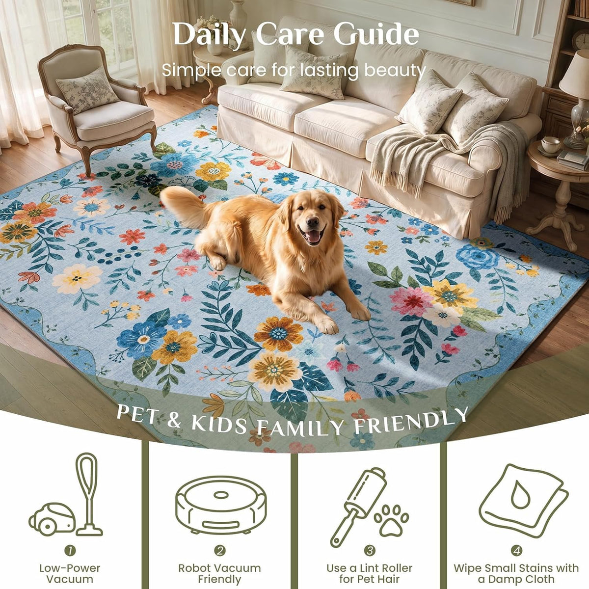JOLLYVOGUE Floral Area Rug 5x7, Washable Rug for Living Room, Light Blue