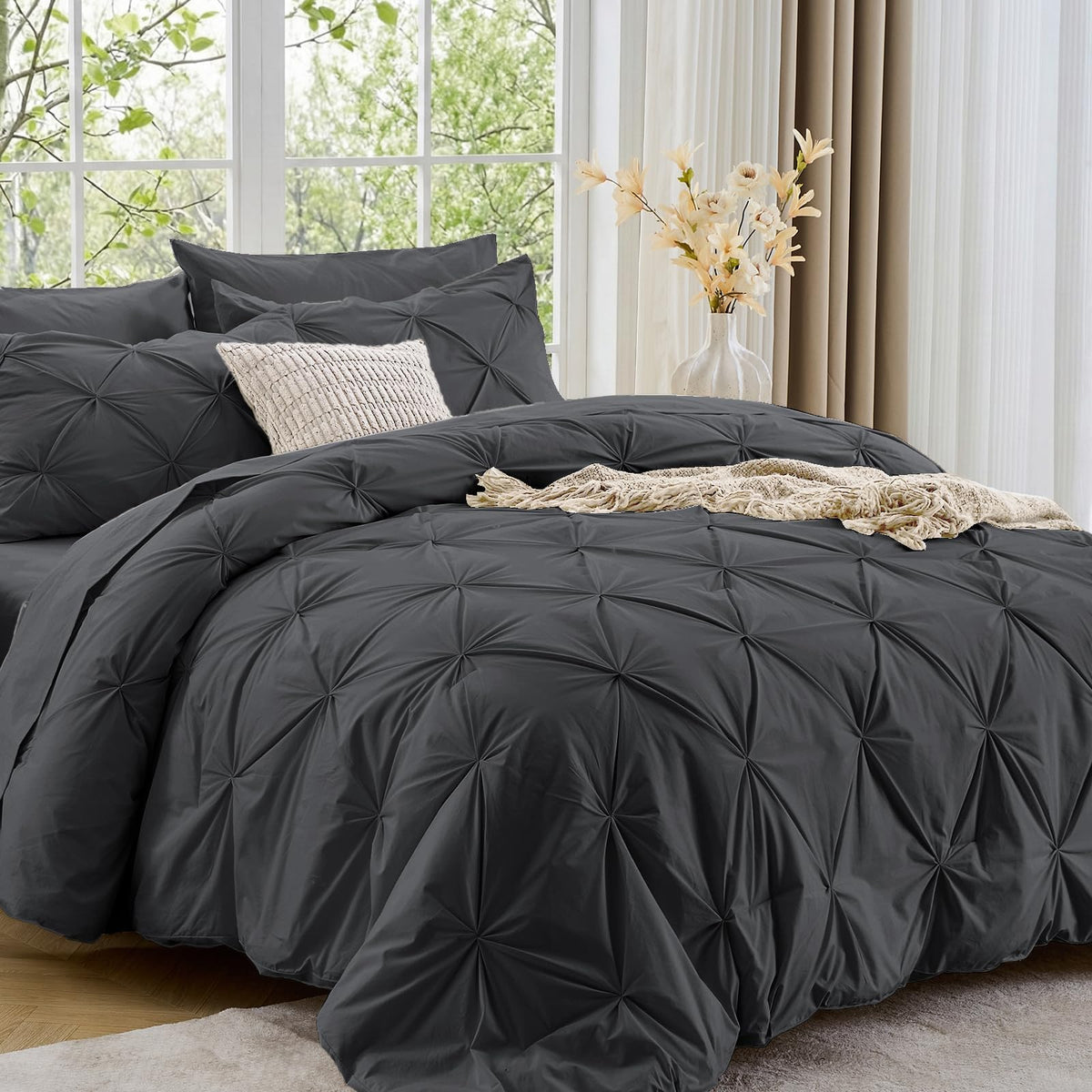 Sasttie Twin Comforter Set, 5-Piece Bed in a Bag, Pintuck Bedding Sets for All Season, Includes Comforter, Flat Sheet, Fitted Sheet, Pillowcase and Pillowsham, Baby Pink