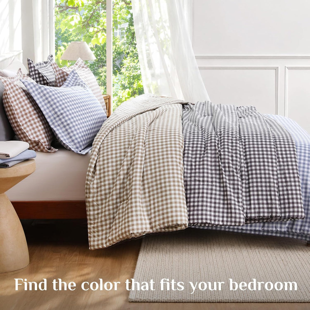 JOLLYVOGUE Brown Queen Comforter Set, 7 Pieces Gingham Bed in a Bag