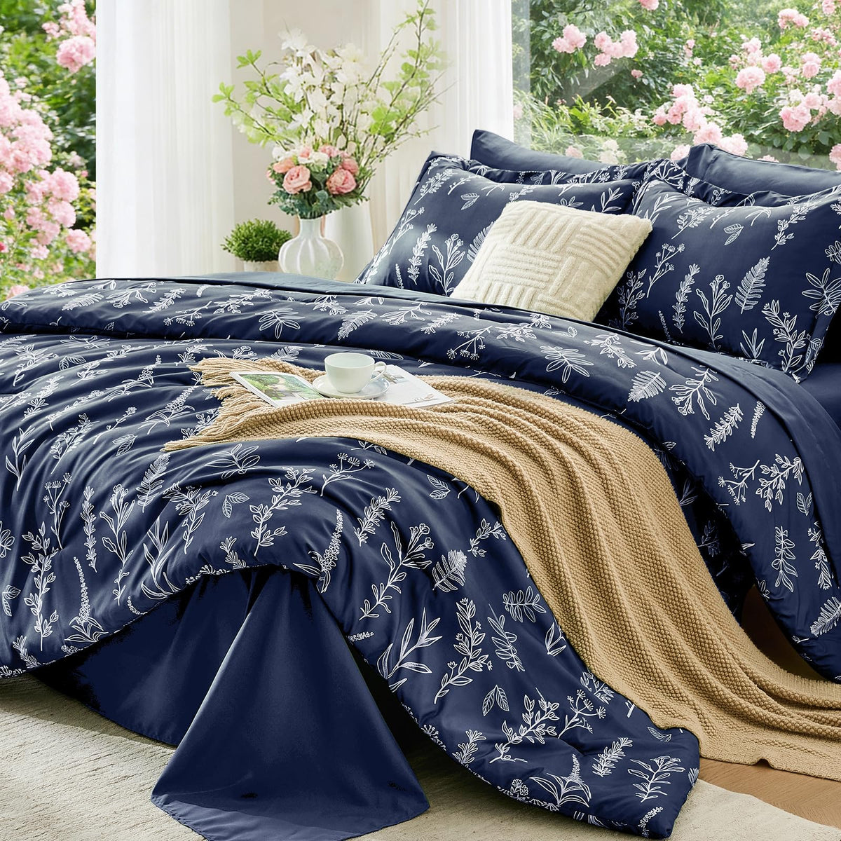 MUXHOMO Sage Green TwinXL Comforter Set, Elegant Floral Print Bed in a Bag 5 Pieces, Ultra Soft & Breathable Reversible Botanical Pattern Bedding Set with Comforter, Sheets, Pillowcase, and Sham