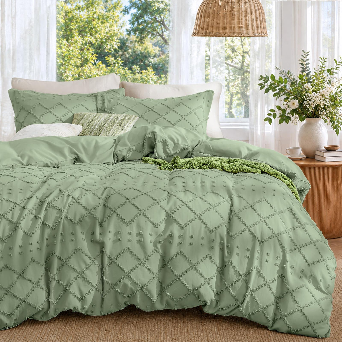 Boho Duvet Cover Set Queen Size, Tufted Embroidery Bedding, 3 PCS, Beige