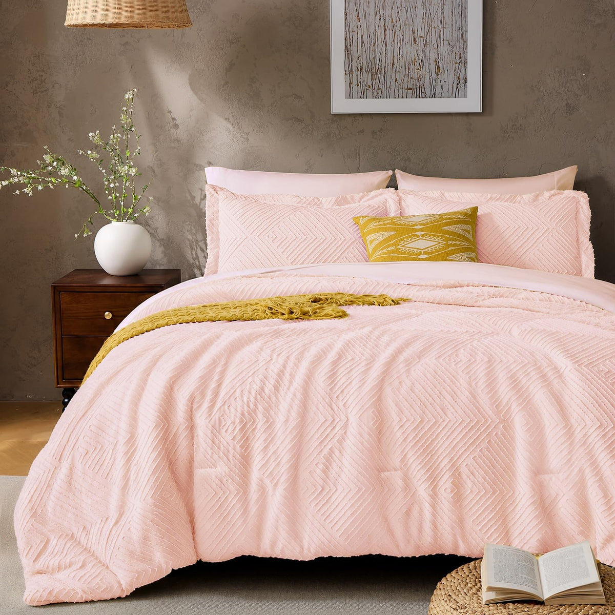 JOLLYVOGUE Queen Comforter Set 7-Piece, Boho Tufted Bed in a Bag, Beige