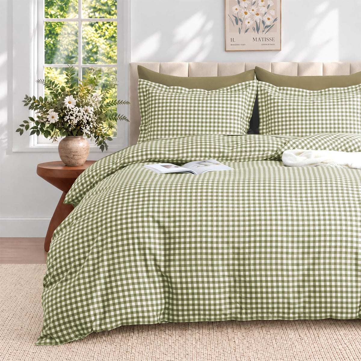 JOLLYVOGUE Brown Queen Comforter Set, 7 Pieces Gingham Bed in a Bag